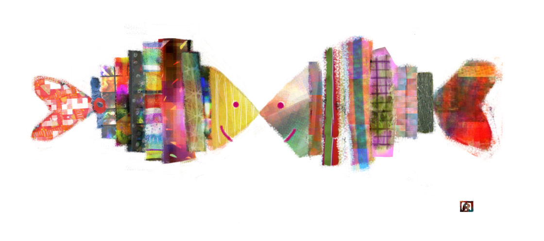 'Love & Fishes' - digital collage image of two fishies in love.